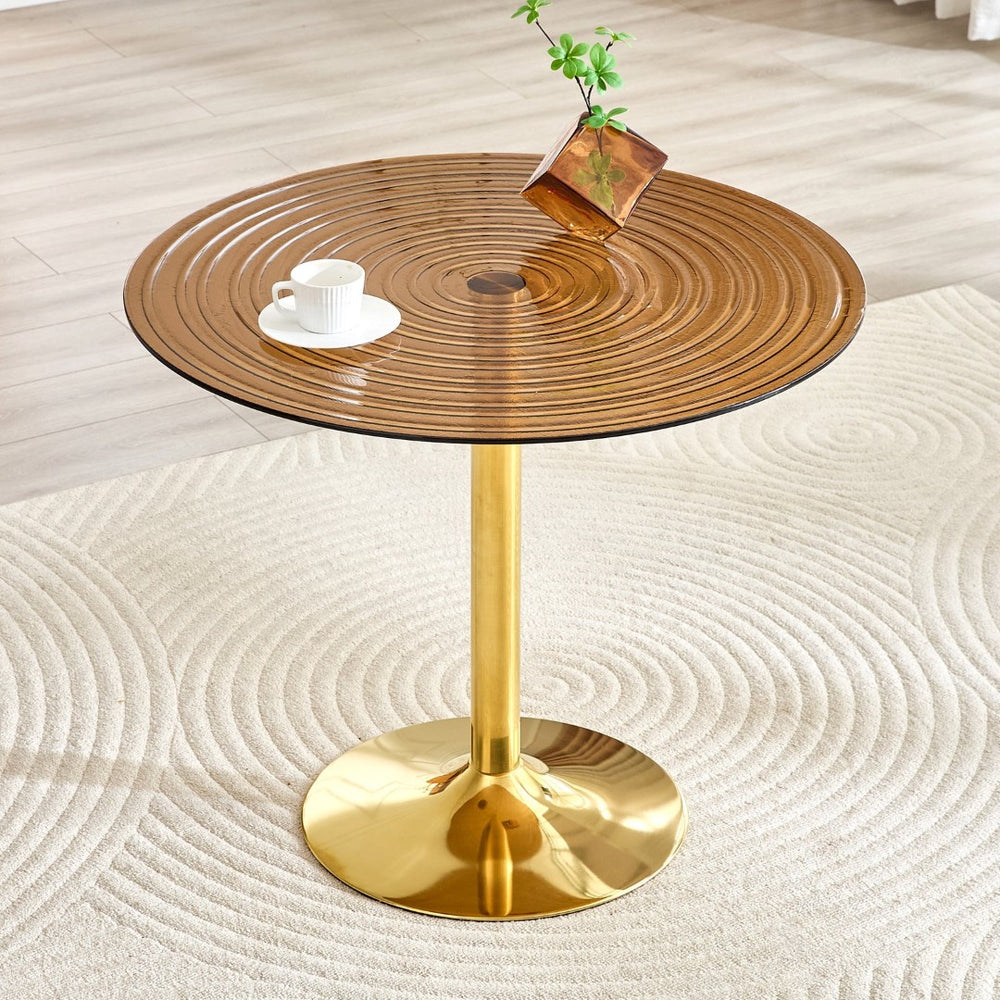 English Elm 35 Inch Round Brown Tempered Glass Dining Table with Gold Pedestal Base Seats Four W1512P508133