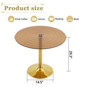 English Elm 35 Inch Round Brown Tempered Glass Dining Table with Gold Pedestal Base Seats Four W1512P508133