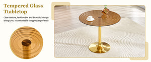 English Elm 35 Inch Round Brown Tempered Glass Dining Table with Gold Pedestal Base Seats Four W1512P508133