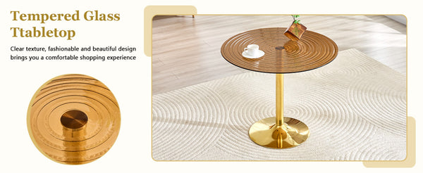English Elm 35 Inch Round Brown Tempered Glass Dining Table with Gold Pedestal Base Seats Four W1512P508133