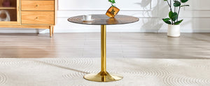 English Elm 35 Inch Round Brown Tempered Glass Dining Table with Gold Pedestal Base Seats Four W1512P508133
