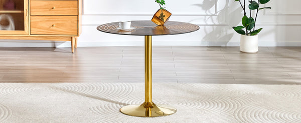 English Elm 35 Inch Round Brown Tempered Glass Dining Table with Gold Pedestal Base Seats Four W1512P508133