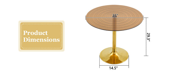 English Elm 35 Inch Round Brown Tempered Glass Dining Table with Gold Pedestal Base Seats Four W1512P508133