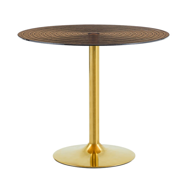 English Elm 35 Inch Round Brown Tempered Glass Dining Table with Gold Pedestal Base Seats Four W1512P508133