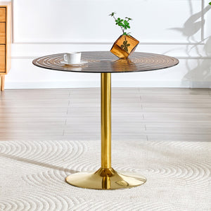 English Elm 35 Inch Round Brown Tempered Glass Dining Table with Gold Pedestal Base Seats Four W1512P508133