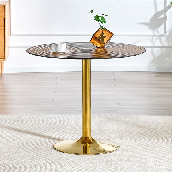English Elm 35 Inch Round Brown Tempered Glass Dining Table with Gold Pedestal Base Seats Four W1512P508133
