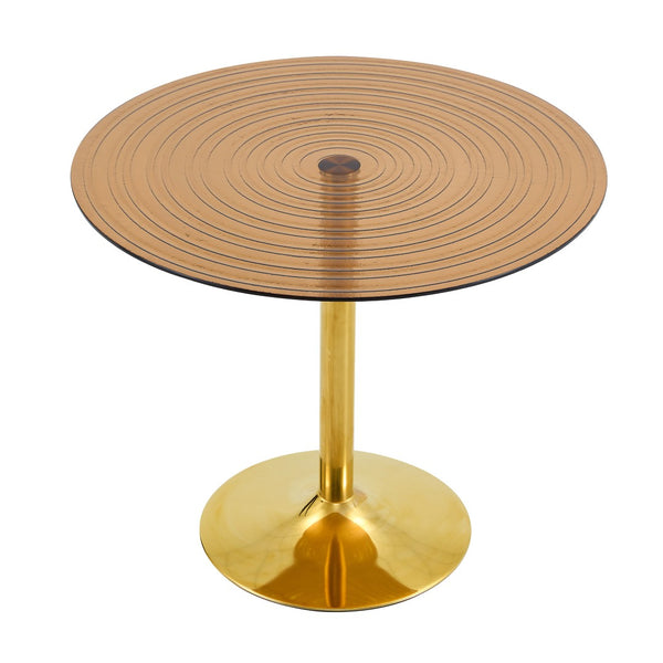 English Elm 35 Inch Round Brown Tempered Glass Dining Table with Gold Pedestal Base Seats Four W1512P508133