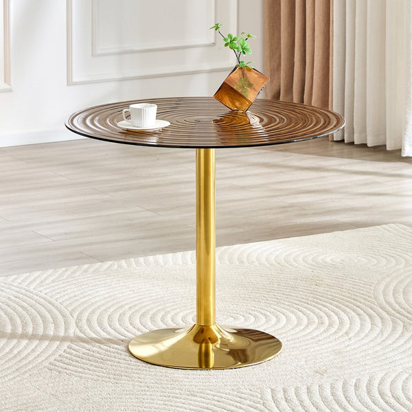 English Elm 35 Inch Round Brown Tempered Glass Dining Table with Gold Pedestal Base Seats Four W1512P508133