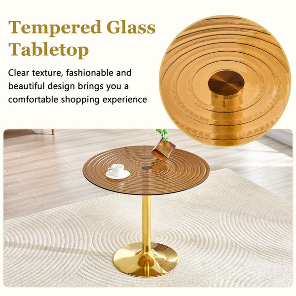 English Elm 35 Inch Round Brown Tempered Glass Dining Table with Gold Pedestal Base Seats Four W1512P508133