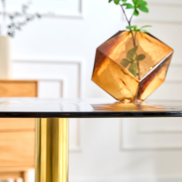 English Elm 35 Inch Round Brown Tempered Glass Dining Table with Gold Pedestal Base Seats Four W1512P508133