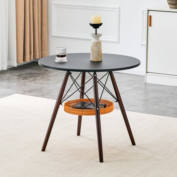 English Elm 31.5-inch Round Dining Table Matte Mdf Top Woven Basket Storage Walnut Legs Compact Walnut+black W1512P508157