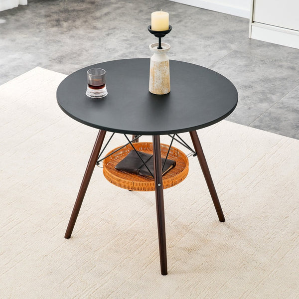 English Elm 31.5-inch Round Dining Table Matte Mdf Top Woven Basket Storage Walnut Legs Compact Walnut+black W1512P508157