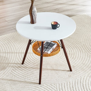 English Elm 31.5-inch Round Dining Table Matte Mdf Top Woven Basket Storage Walnut Legs Compact Walnut/White W1512P508604