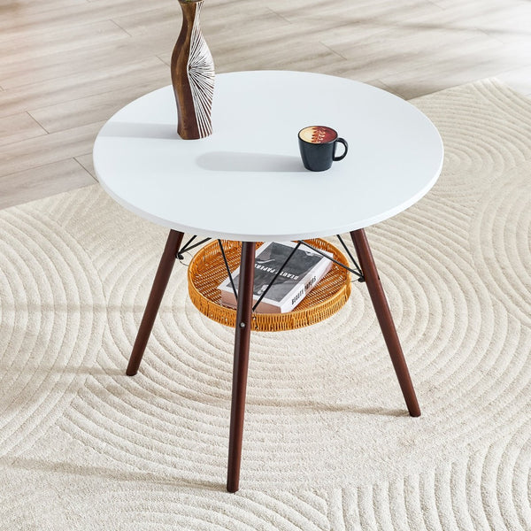 English Elm 31.5-inch Round Dining Table Matte Mdf Top Woven Basket Storage Walnut Legs Compact Walnut/White W1512P508604
