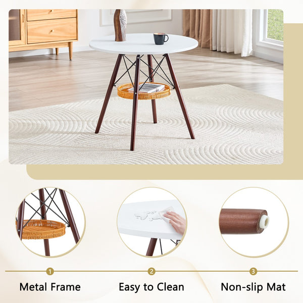 English Elm 31.5-inch Round Dining Table Matte Mdf Top Woven Basket Storage Walnut Legs Compact Walnut/White W1512P508604