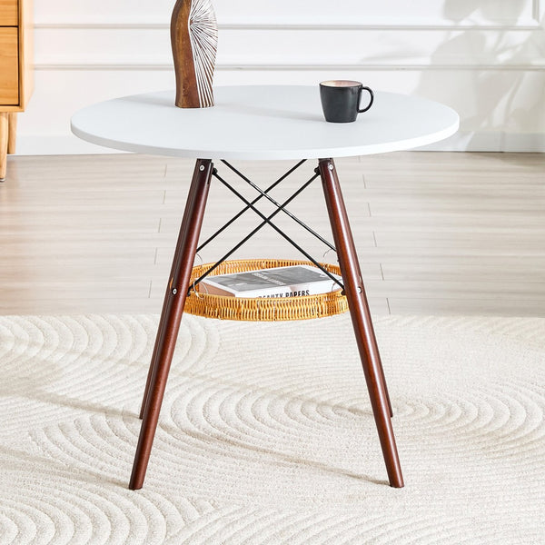 English Elm 31.5-inch Round Dining Table Matte Mdf Top Woven Basket Storage Walnut Legs Compact Walnut/White W1512P508604