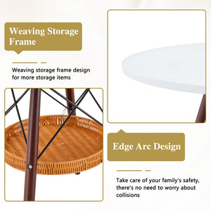 English Elm 31.5-inch Round Dining Table Matte Mdf Top Woven Basket Storage Walnut Legs Compact Walnut/White W1512P508604