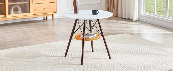English Elm 31.5-inch Round Dining Table Matte Mdf Top Woven Basket Storage Walnut Legs Compact Walnut/White W1512P508604