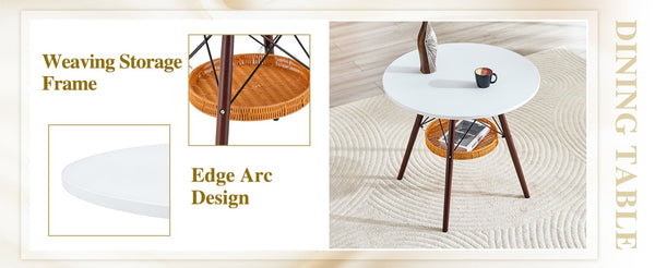 English Elm 31.5-inch Round Dining Table Matte Mdf Top Woven Basket Storage Walnut Legs Compact Walnut/White W1512P508604
