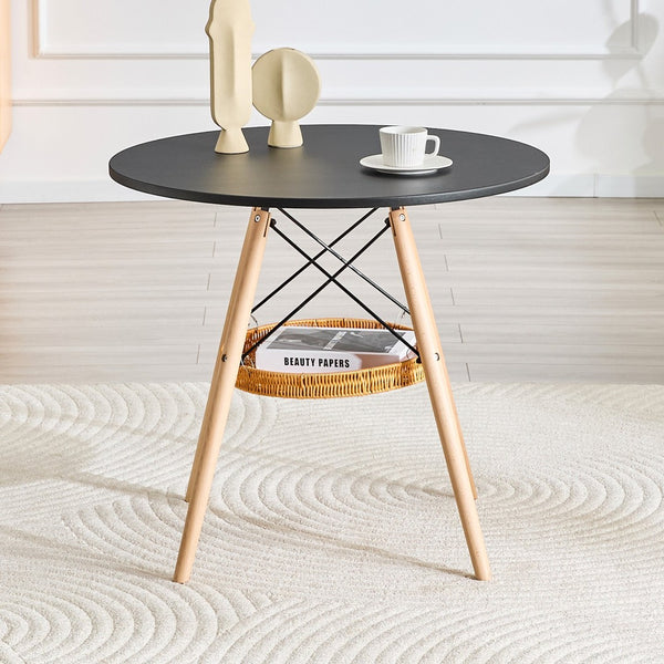 English Elm 31.5-inch Round Dining Table Matte Mdf Top Woven Basket Storage Walnut Legs Compact Black,Wood W1512P508611