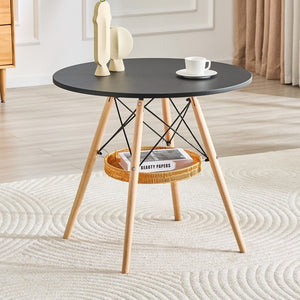 English Elm 31.5-inch Round Dining Table Matte Mdf Top Woven Basket Storage Walnut Legs Compact Black,Wood W1512P508611