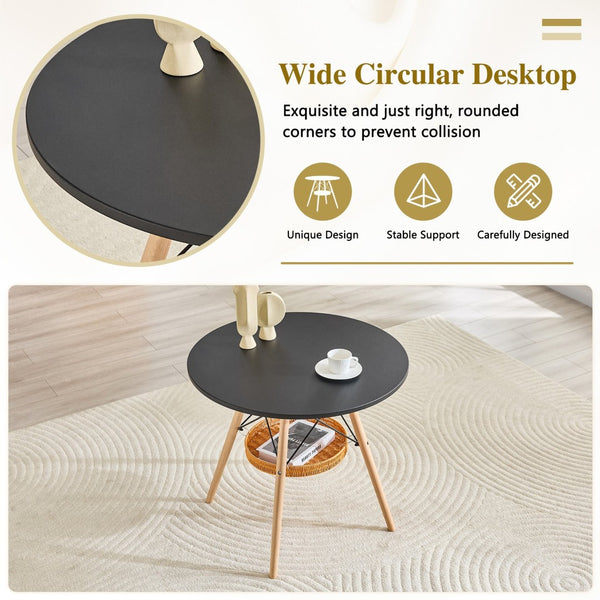 English Elm 31.5-inch Round Dining Table Matte Mdf Top Woven Basket Storage Walnut Legs Compact Black,Wood W1512P508611