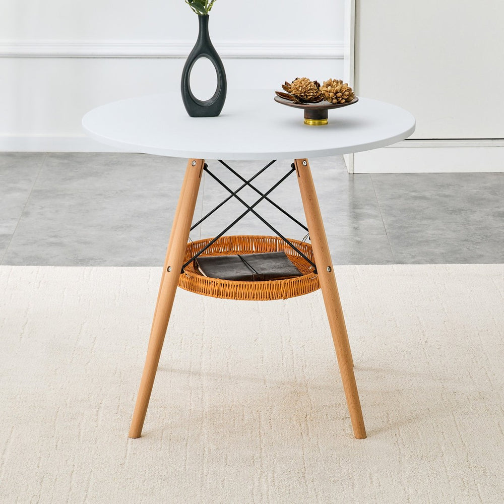 English Elm 31.5-inch Round Dining Table Matte Mdf Top Woven Basket Storage Walnut Legs Compact White/Wood W1512P508619