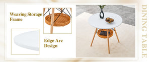 English Elm 31.5-inch Round Dining Table Matte Mdf Top Woven Basket Storage Walnut Legs Compact White/Wood W1512P508619