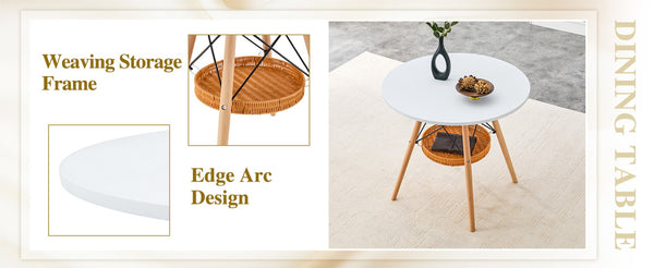 English Elm 31.5-inch Round Dining Table Matte Mdf Top Woven Basket Storage Walnut Legs Compact White/Wood W1512P508619