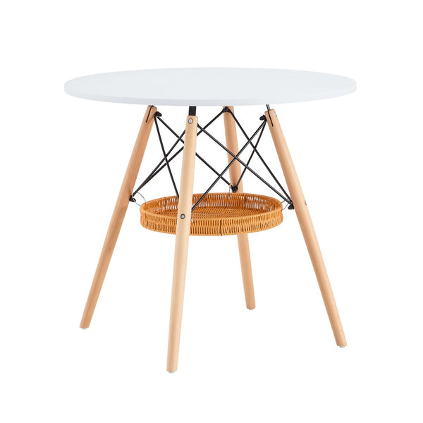English Elm 31.5-inch Round Dining Table Matte Mdf Top Woven Basket Storage Walnut Legs Compact White/Wood W1512P508619