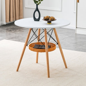 English Elm 31.5-inch Round Dining Table Matte Mdf Top Woven Basket Storage Walnut Legs Compact White/Wood W1512P508619