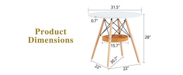 English Elm 31.5-inch Round Dining Table Matte Mdf Top Woven Basket Storage Walnut Legs Compact White/Wood W1512P508619