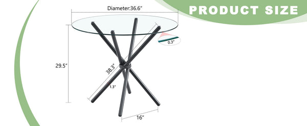 English Elm A Round Tempered Glass Dining Table with Sculptural Black Metal Base for Small Spaces W1512P508633