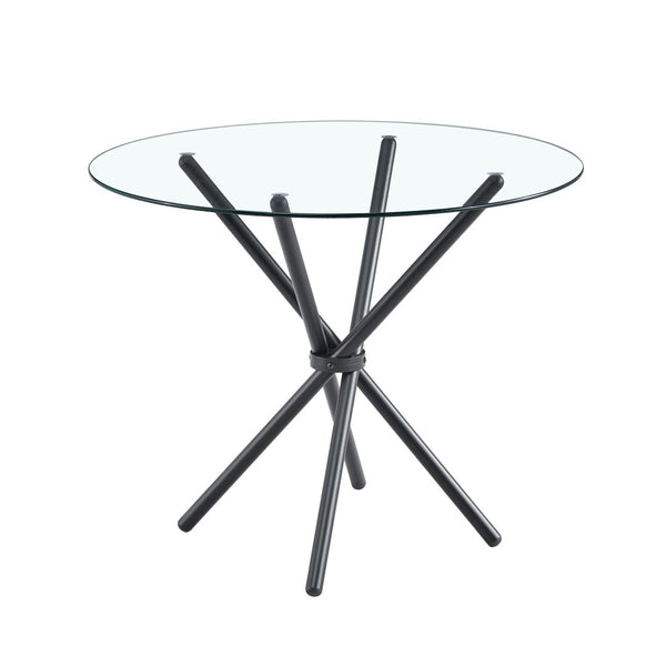 English Elm A Round Tempered Glass Dining Table with Sculptural Black Metal Base for Small Spaces W1512P508633