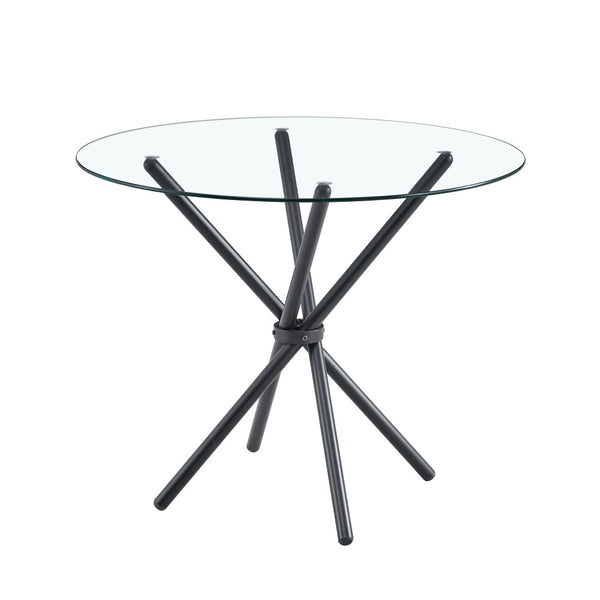 English Elm A Round Tempered Glass Dining Table with Sculptural Black Metal Base for Small Spaces W1512P508633