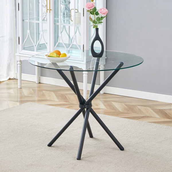English Elm A Round Tempered Glass Dining Table with Sculptural Black Metal Base for Small Spaces W1512P508633