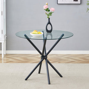 English Elm A Round Tempered Glass Dining Table with Sculptural Black Metal Base for Small Spaces W1512P508633