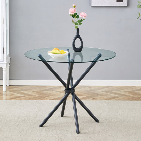 English Elm A Round Tempered Glass Dining Table with Sculptural Black Metal Base for Small Spaces W1512P508633