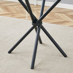 English Elm A Round Tempered Glass Dining Table with Sculptural Black Metal Base for Small Spaces W1512P508633