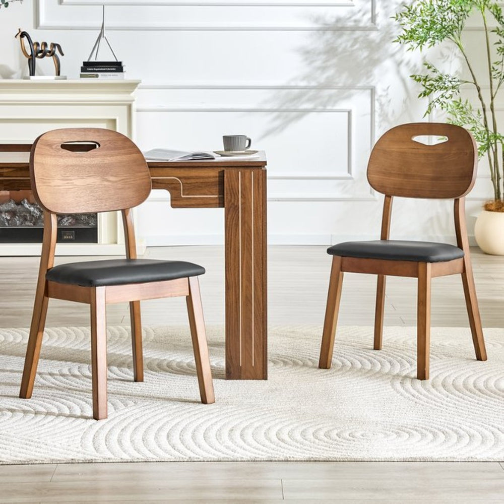 English Elm 2 Solid Wood Dining Chairs with Pu Cushions Hollowed Backrest Walnut Farmhouse Set Walnut+Black W1512P508852