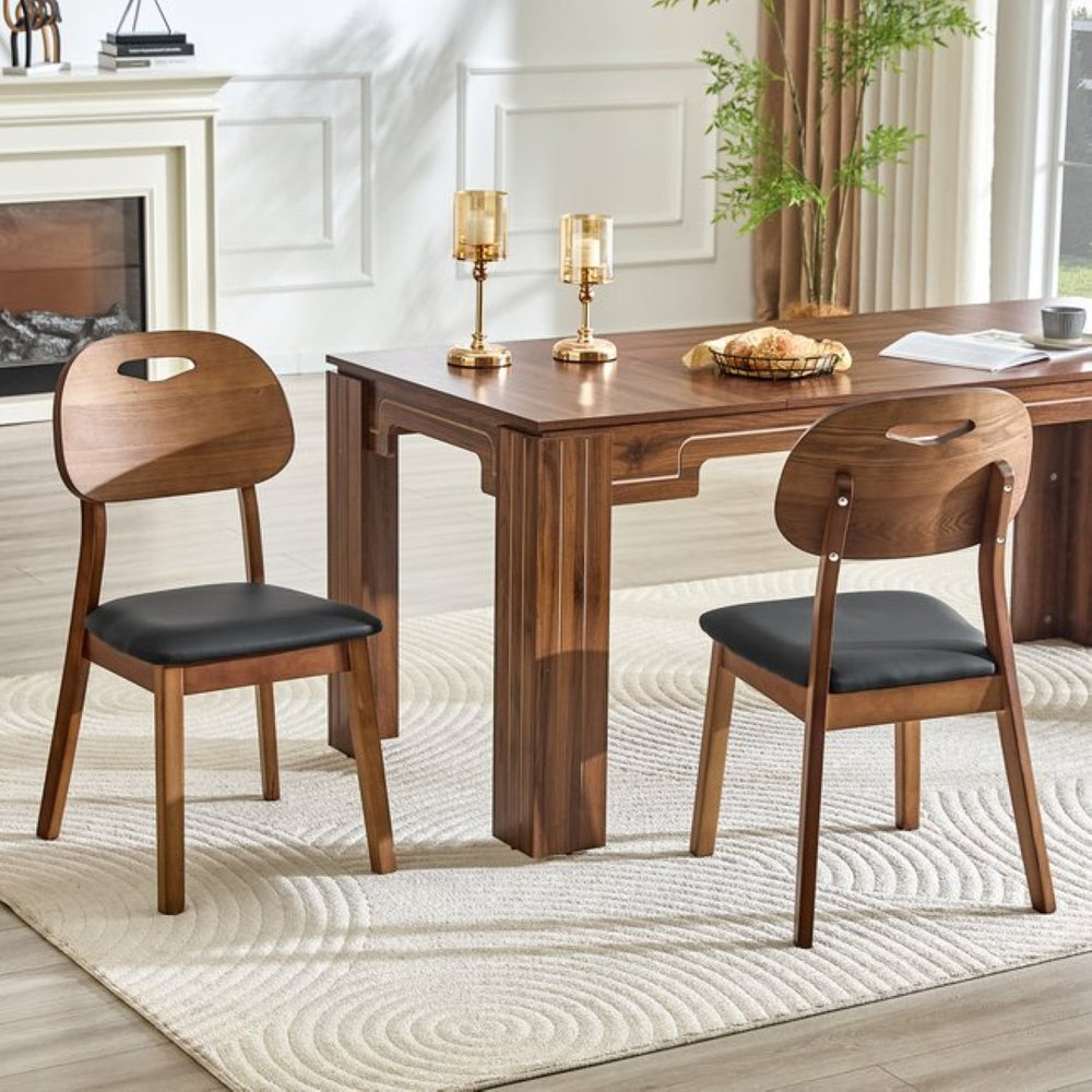 English Elm 2 Solid Wood Dining Chairs with Pu Cushions Hollowed Backrest Walnut Farmhouse Set Walnut+Black W1512P508852