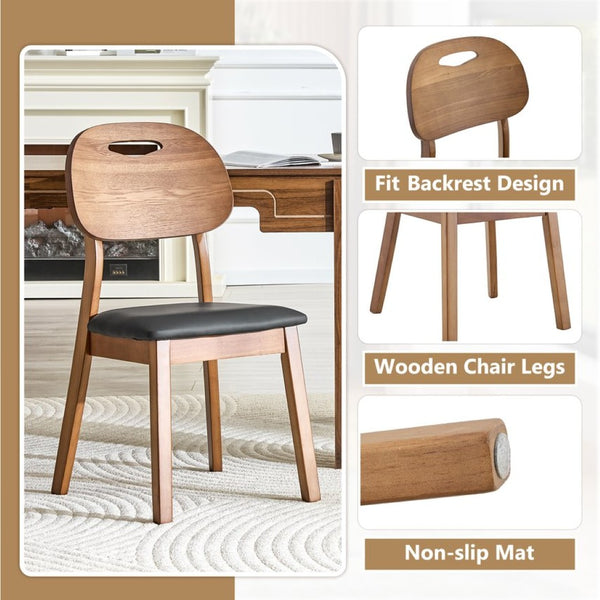 English Elm 2 Solid Wood Dining Chairs with Pu Cushions Hollowed Backrest Walnut Farmhouse Set Walnut+Black W1512P508852
