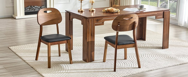 English Elm 2 Solid Wood Dining Chairs with Pu Cushions Hollowed Backrest Walnut Farmhouse Set Walnut+Black W1512P508852