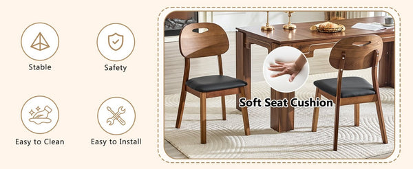 English Elm 2 Solid Wood Dining Chairs with Pu Cushions Hollowed Backrest Walnut Farmhouse Set Walnut+Black W1512P508852
