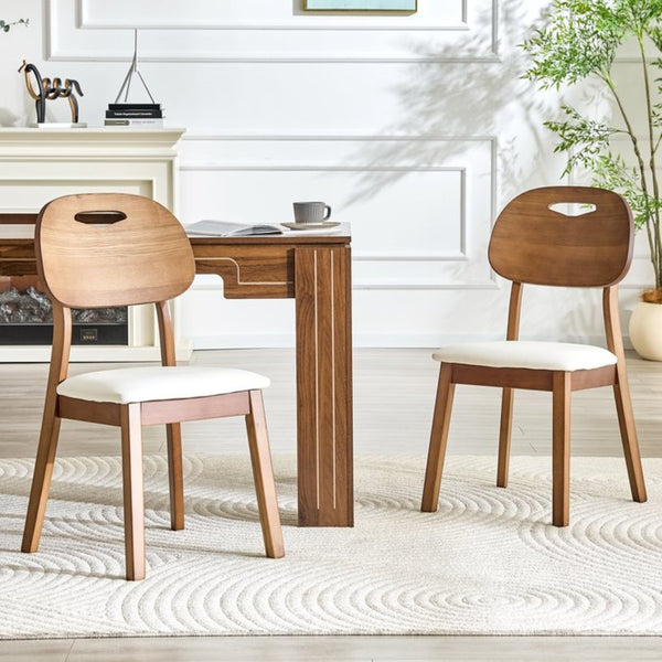 English Elm 2 Solid Wood Dining Chairs with Pu Cushions Hollowed Backrest Walnut Farmhouse Set Walnut+White W1512P508875