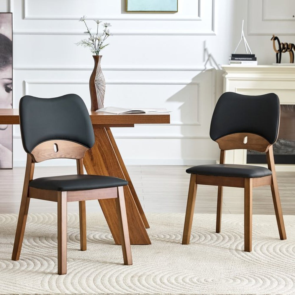 English Elm 2 Solid Wood Dining Chairs Walnut Finish Pu Cushion Ergonomic Hollowed Backrest Set Black & Walnut W1512P508895