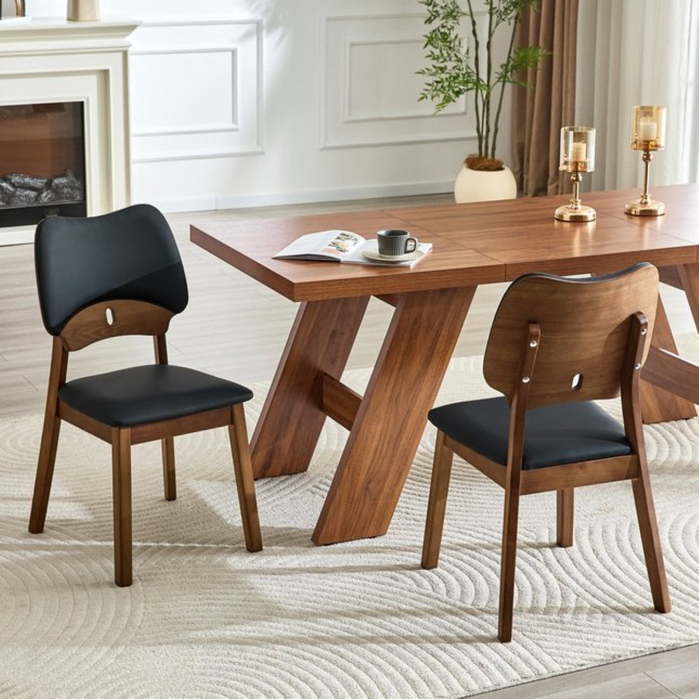 English Elm 2 Solid Wood Dining Chairs Walnut Finish Pu Cushion Ergonomic Hollowed Backrest Set Black & Walnut W1512P508895