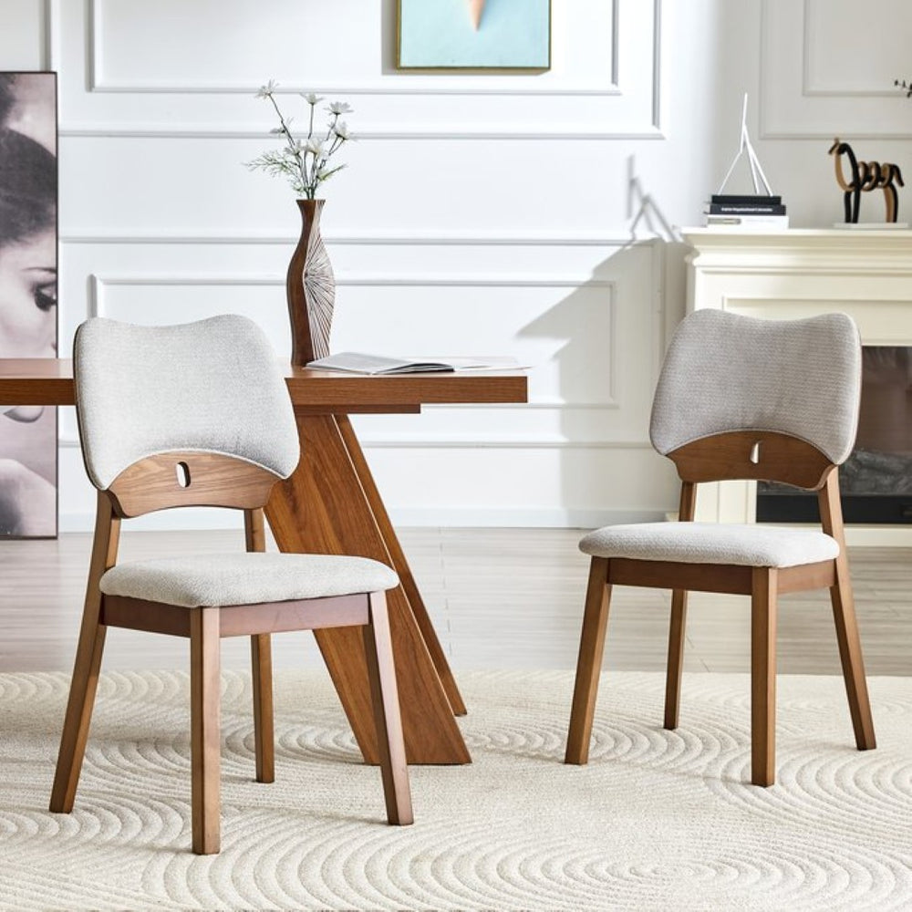 English Elm 2 Solid Walnut Toned Wood Dining Chairs Gray Upholstered Ergonomic Hollowed Back W1512P508899