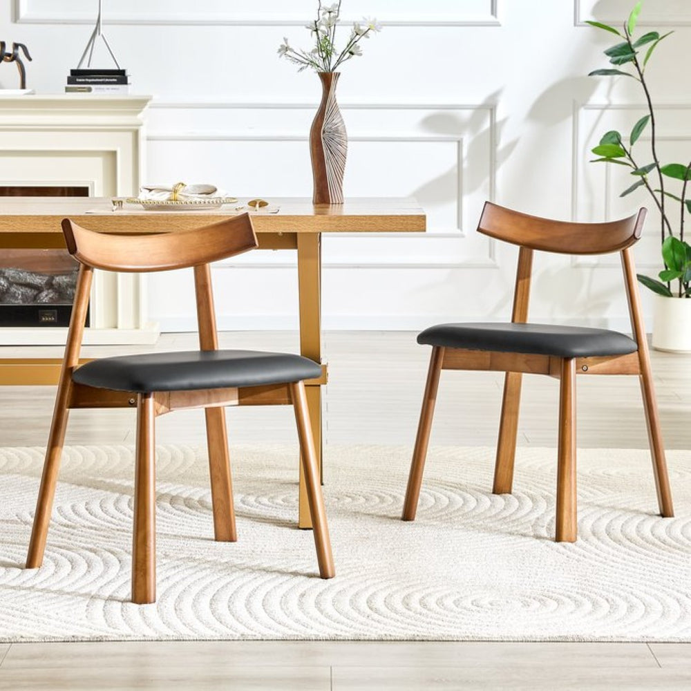 English Elm 2 Solid Wood Dining Chairs with Pu Cushions Ergonomic Curved Back Walnut Finish Walnut+Black W1512P510303