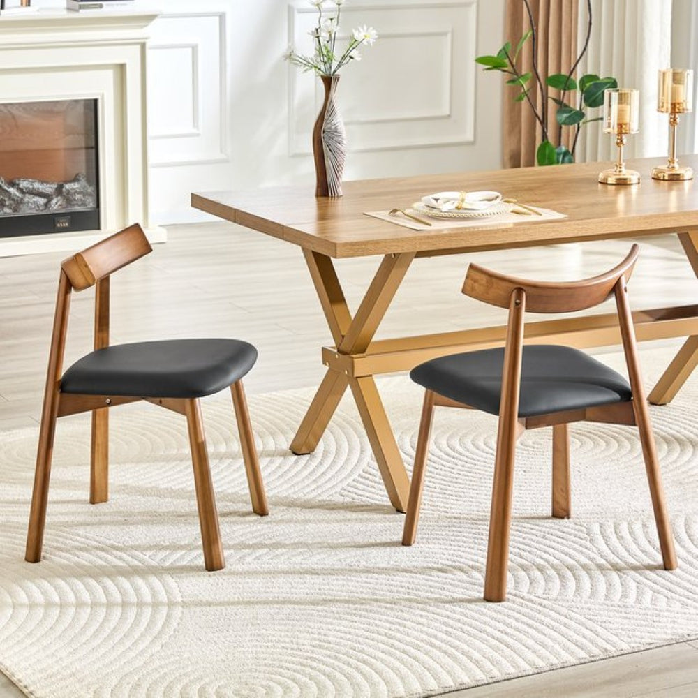 English Elm 2 Solid Wood Dining Chairs with Pu Cushions Ergonomic Curved Back Walnut Finish Walnut+Black W1512P510303